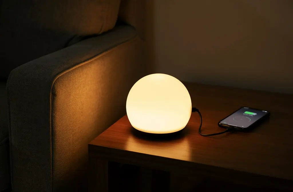 Lampe LED rechargeable éclairant une table de chevet tout en rechargeant un smartphone
