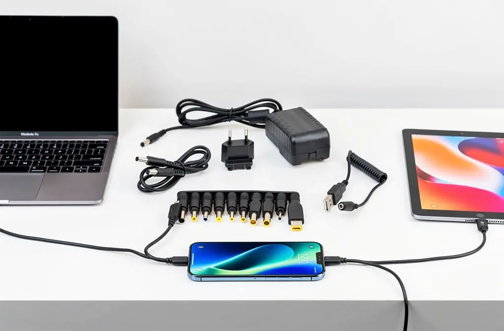 Kit adaptateur de charge universel avec connecteurs multiples sur un bureau, prêt à alimenter plusieurs appareils.
