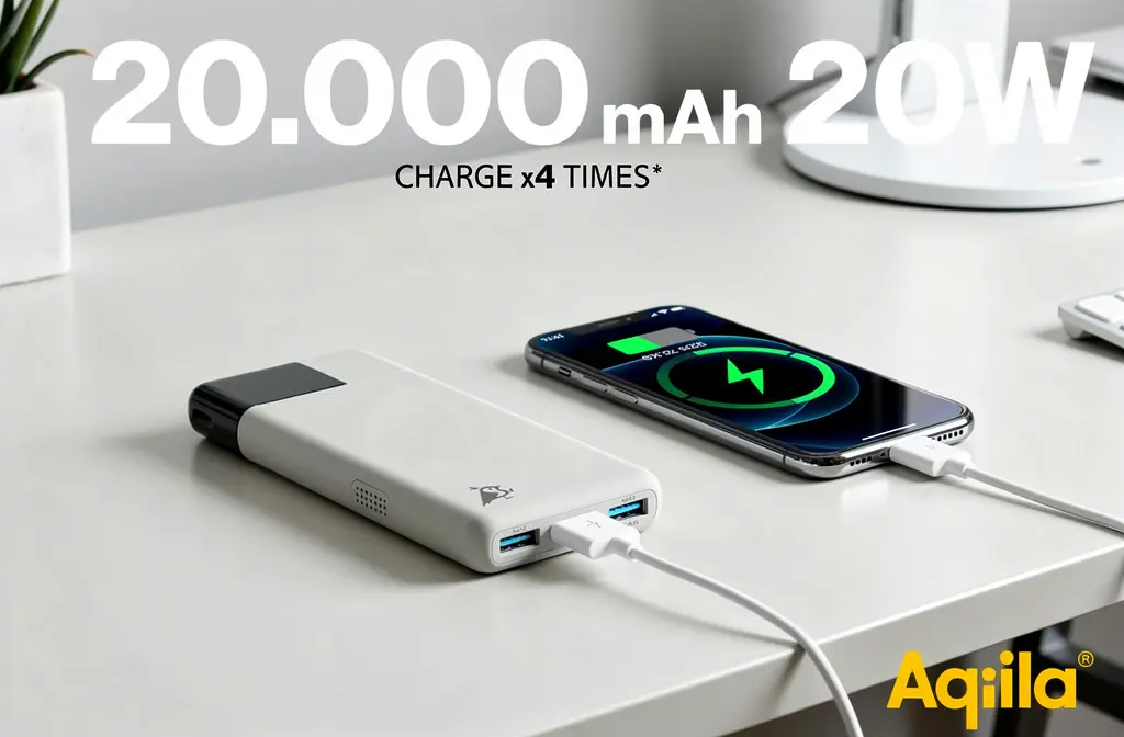 Batterie externe de 20000mAh chargeant un iPhone 11 sur un bureau moderne