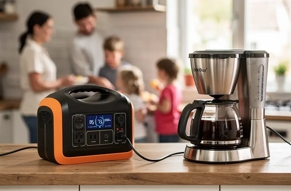 Station d'alimentation portable orange et noire alimentant une cafetière sur un plan de travail de cuisine moderne