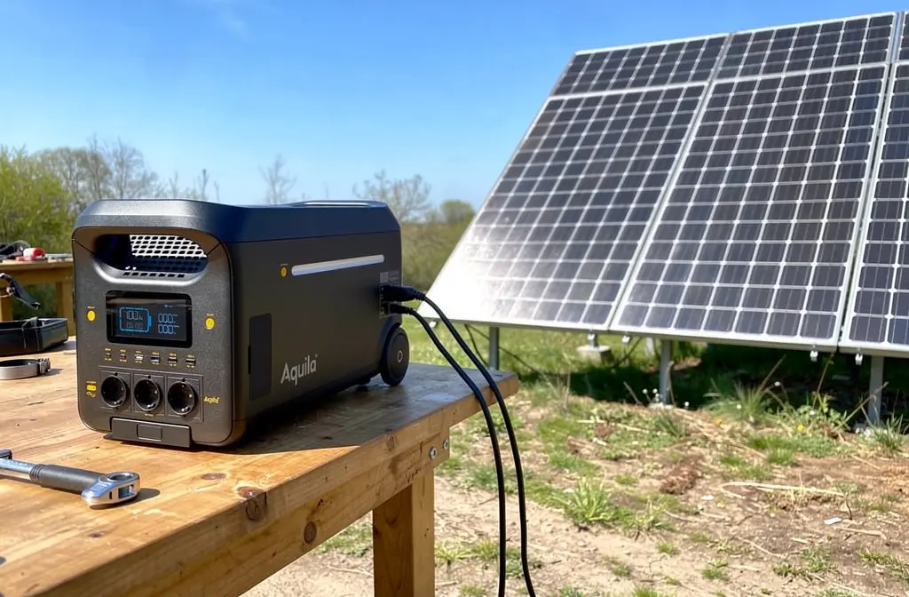 Station d'alimentation portable connectée à des panneaux solaires en charge