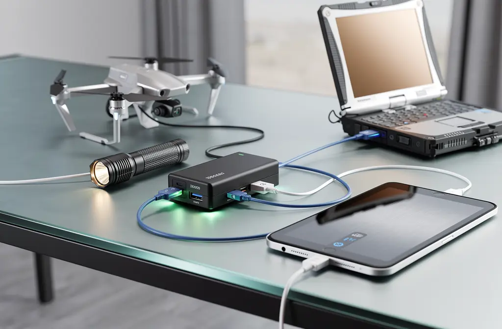 Batterie externe 30000mAh rechargeant plusieurs appareils simultanément sur un bureau