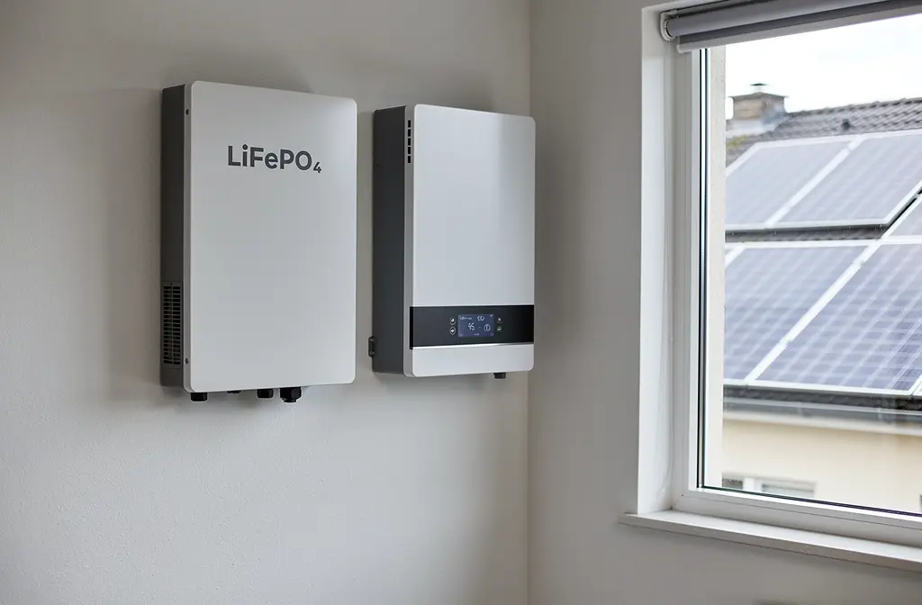 Batterie LiFePO4 installée avec onduleur hybride dans une installation solaire domestique.