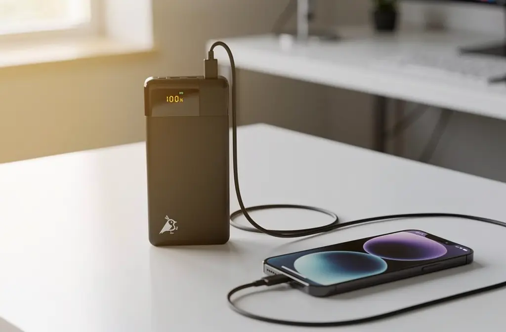 Batterie externe noire chargeant un iPhone 11 sur un bureau moderne