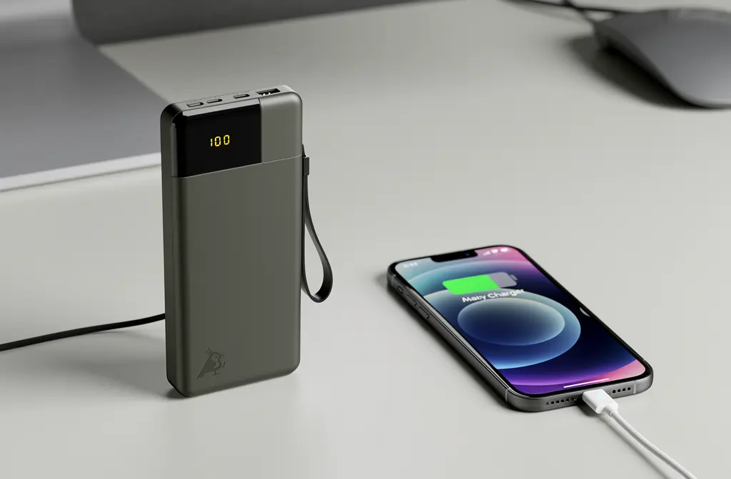 Batterie externe Aqilla 20000mAh chargeant un iPhone 11 sur un bureau