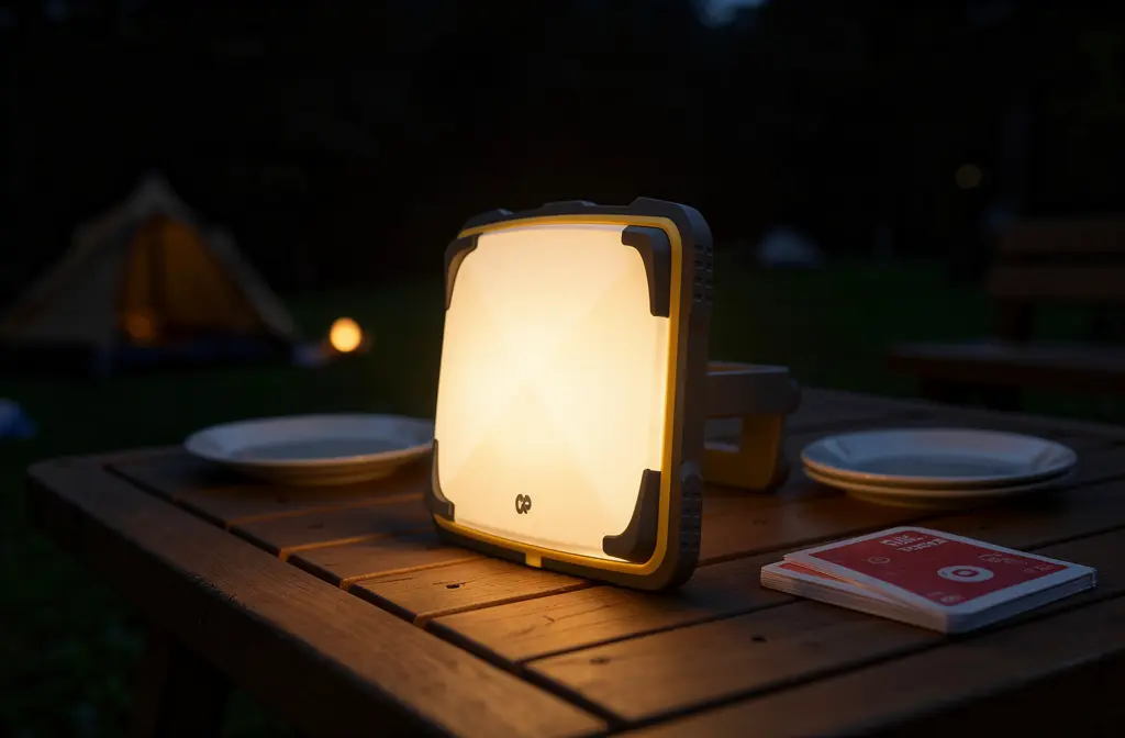 Lampe sans fil rechargeable éclairant une table en bois lors d'un dîner en extérieur à la tombée de la nuit.