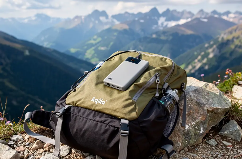 Batterie externe légère Aqila rechargeant un smartphone posé sur un sac à dos lors d'une randonnée en montagne.