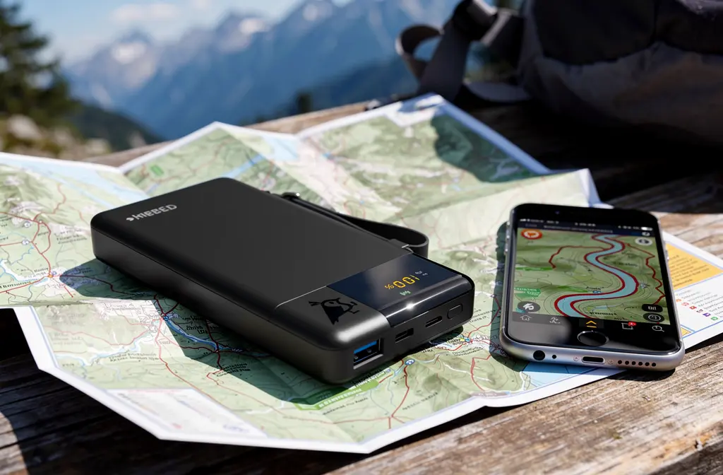 Batterie externe légère posée sur une carte de randonnée avec un smartphone en cours de charge en pleine nature.