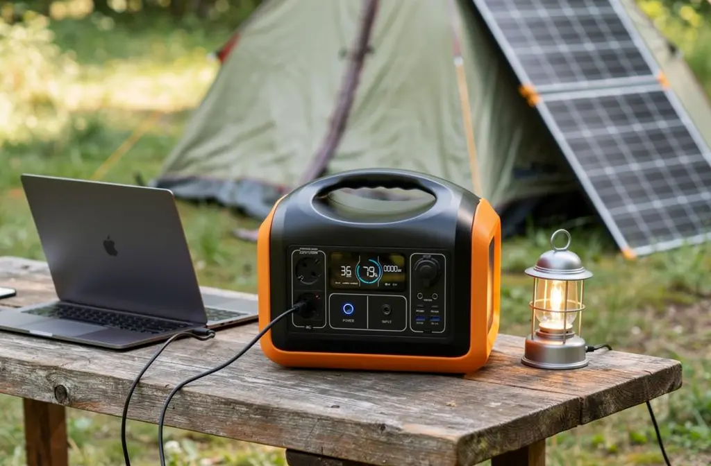 Station d'énergie portable posée sur une table de camping, alimentant un ordinateur et une lampe en plein air.