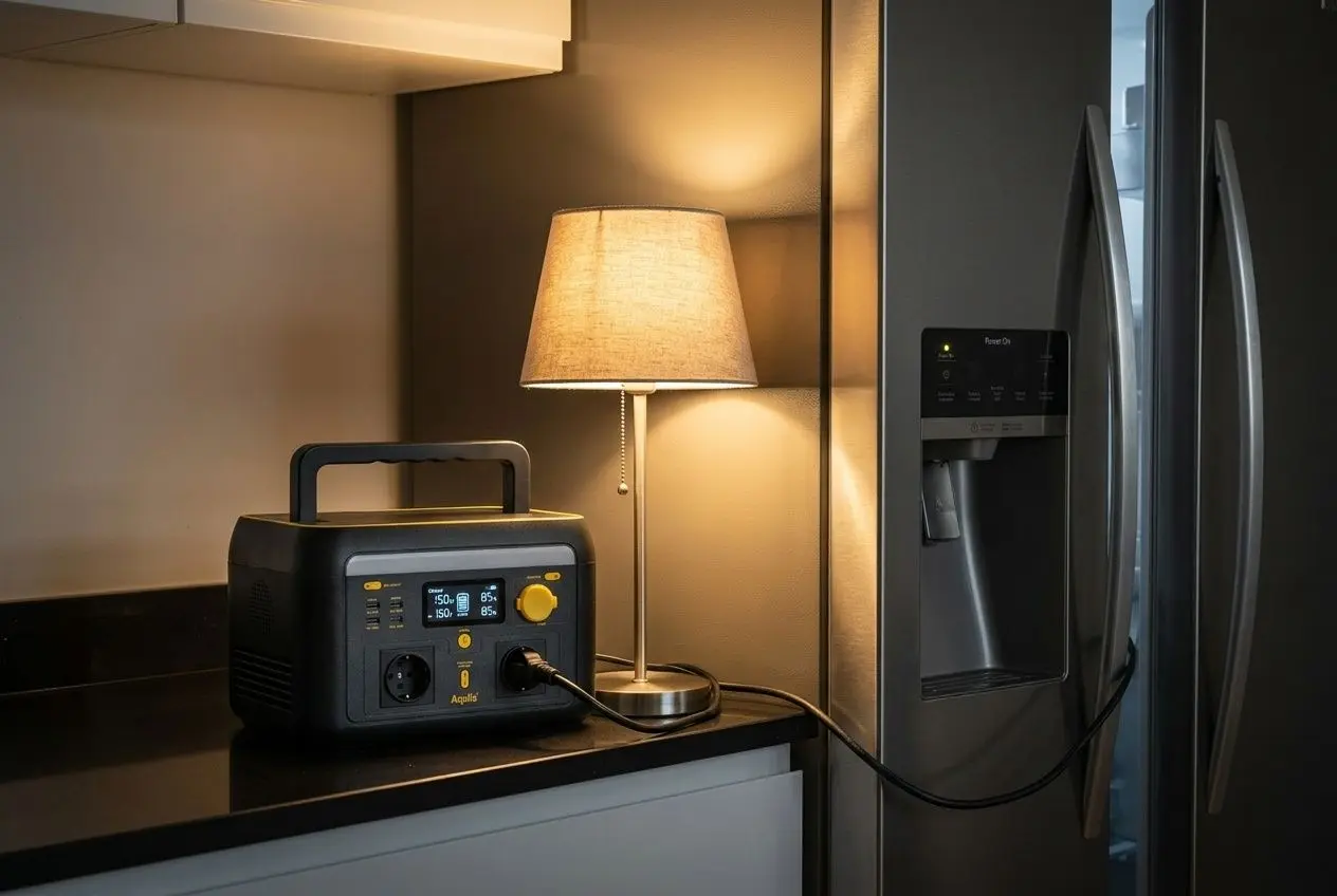 Groupe électrogène portable branché sur une prise du réfrigérateur, lampe de table éclairant la cuisine. (Note: intègre le sujet de “quel groupe électrogène choisir pour alimenter une maison” de façon fluide.)
