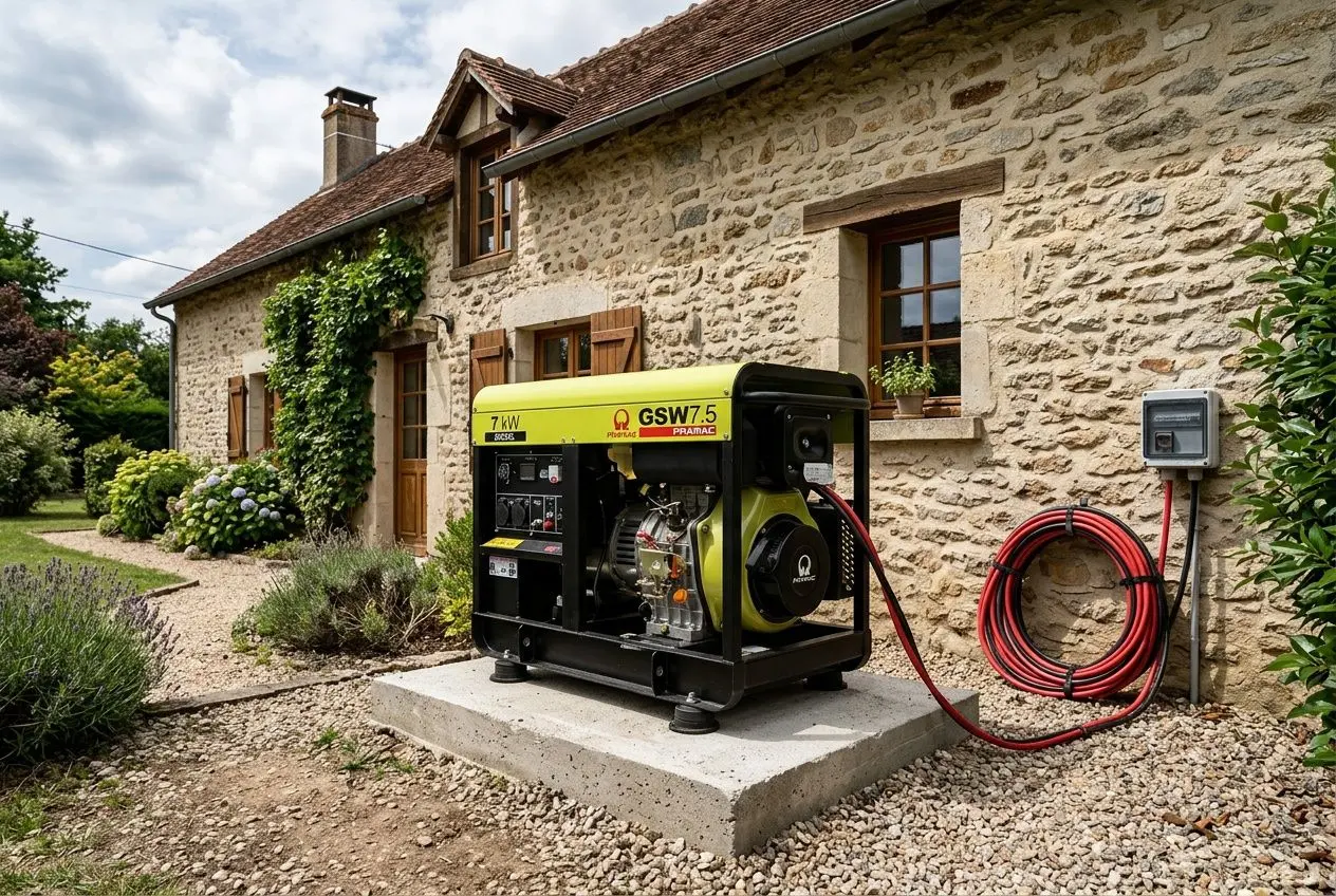 Groupe électrogène portable sur socle en extérieur devant une maison en pierre, relié à une prise murale par un câble rouge.