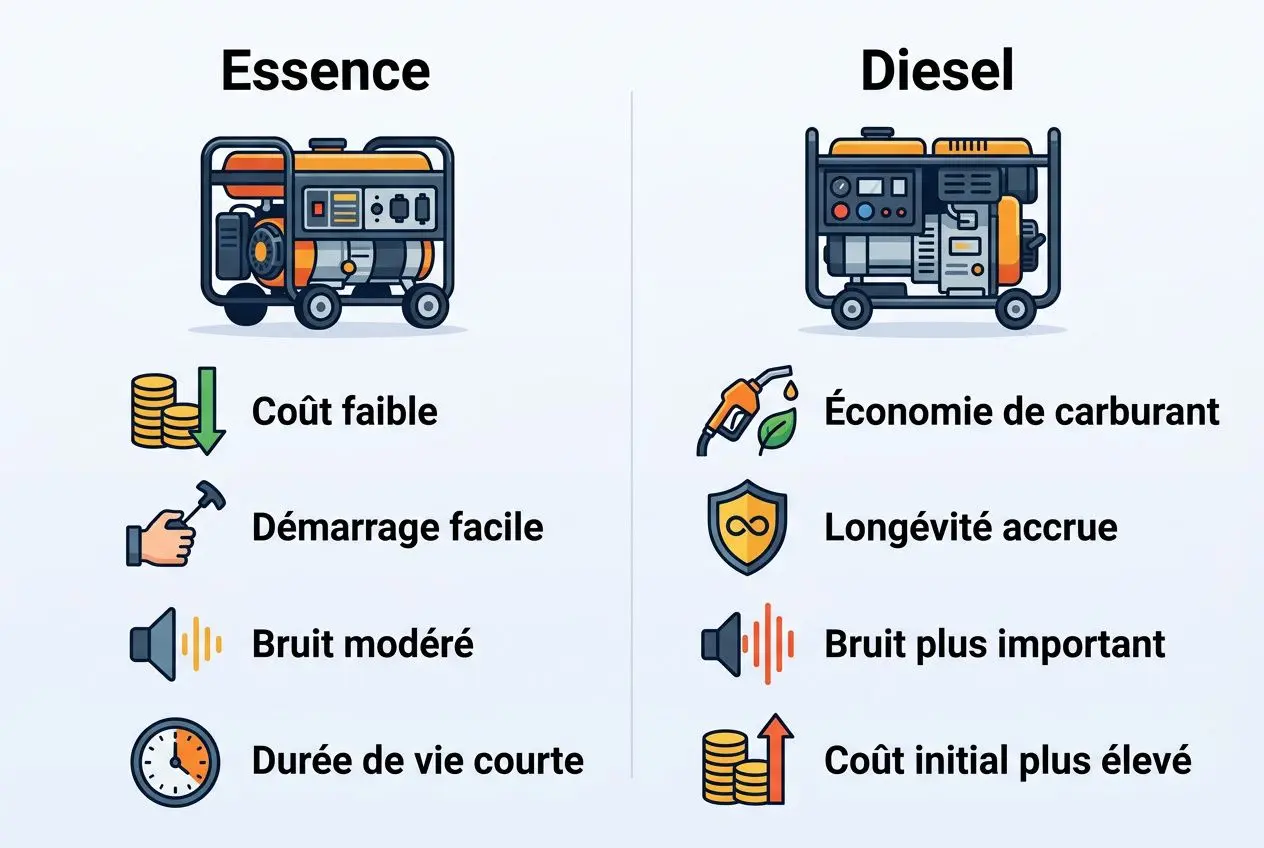 Illustration comparative: Essence et Diesel. Essence: coût faible, démarrage facile, bruit modéré, durée de vie courte. Diesel: économie de carburant, longévité accrue, bruit plus important, coût initial plus élevé.