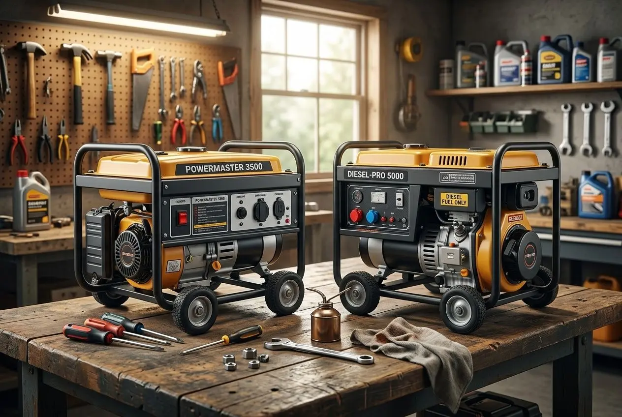 Deux groupes électrogènes portables sur une établi d’atelier, l’un PowerMaster 3500 et l’autre Diesel-Pro 5000, entourés d’outils et d’options de maintenance.