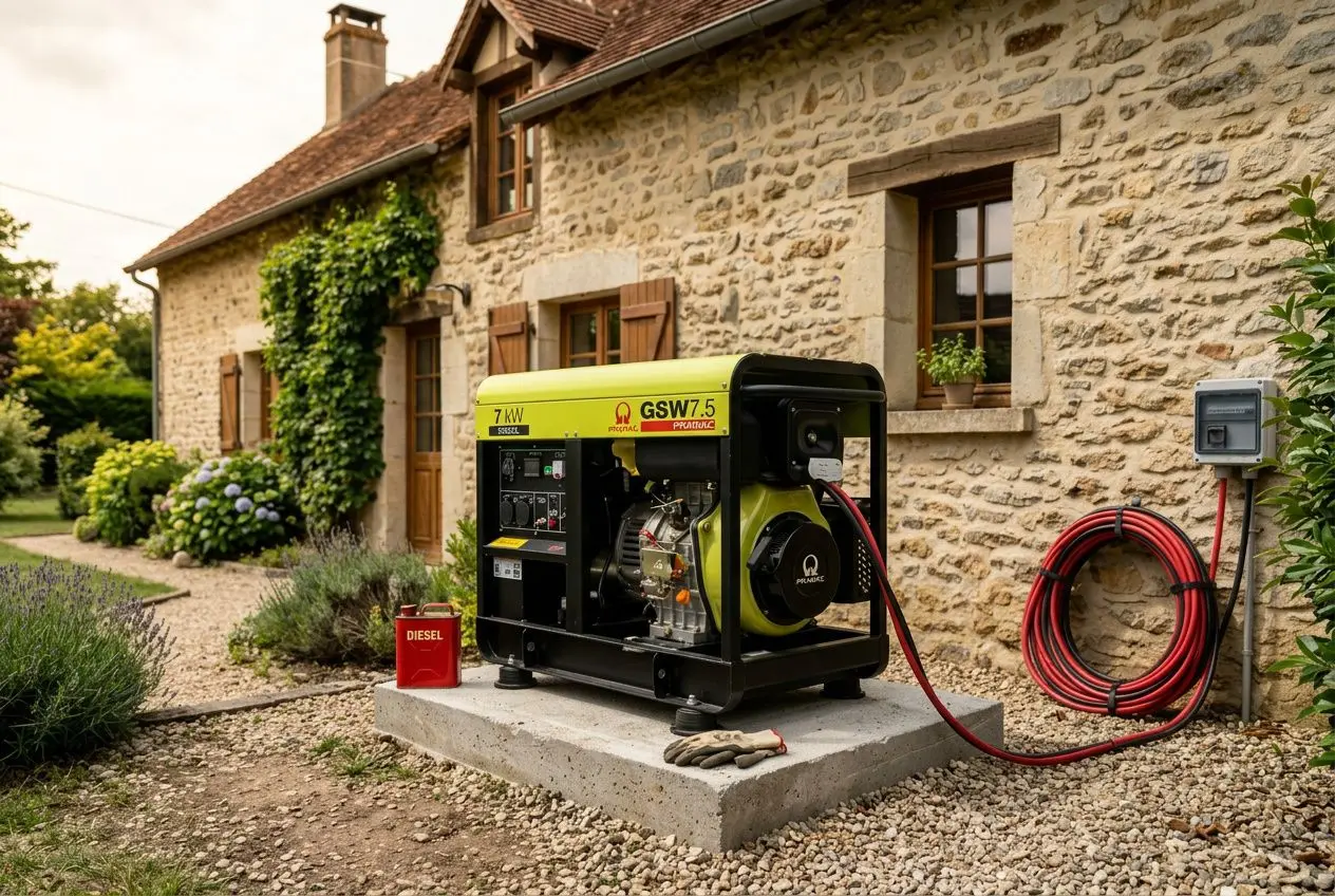 Groupe électrogène pour maison autonome installé à l’extérieur près d’une maison en pierre sur une dalle, connexion et rallonge rouge visibles.