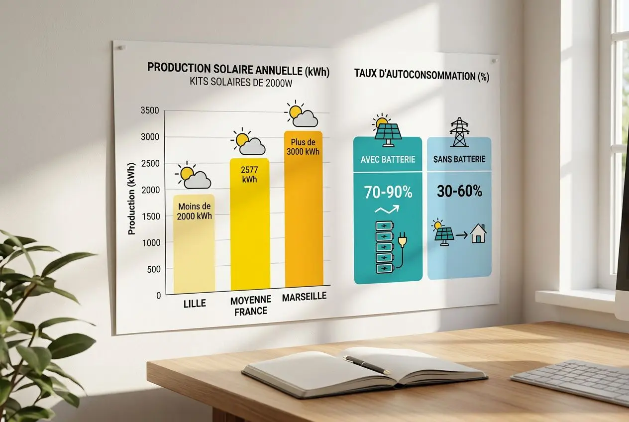 Graphique pédagogique sur l’énergie solaire et l’autonomie: production annuelle et taux d’autoconsommation; “avec batterie” 70-90%, “sans batterie” 30-60%.