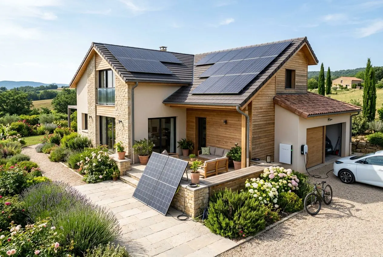 Maison moderne avec panneaux solaires photovoltaïques sur le toit et batterie, entourée d’un jardin, véhicule électrique au bras et vue rurale. coût installation autonomie énergétique intégré.
